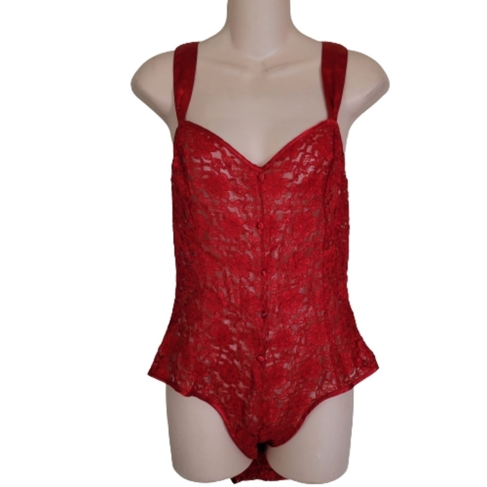 Red Lace and Satin Bodysuit Size Women's Large 7